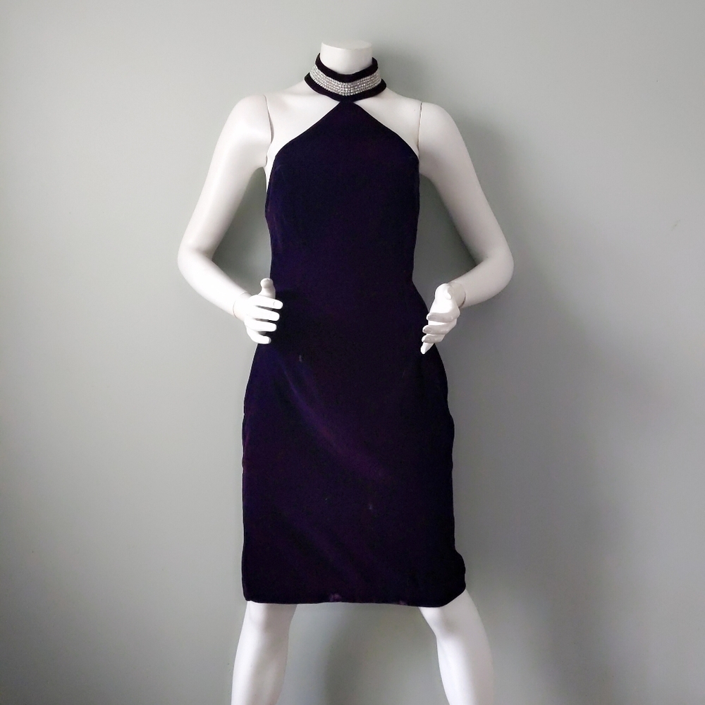 Vintage 90s Deep Purple Rhinestone Crystal Collar Halter Dress S M